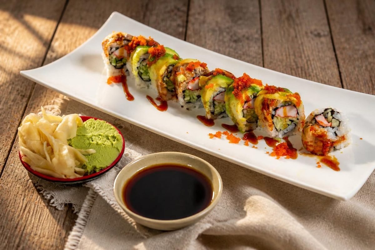 A row of rolls with avocado, sauce, ginger and wasabi