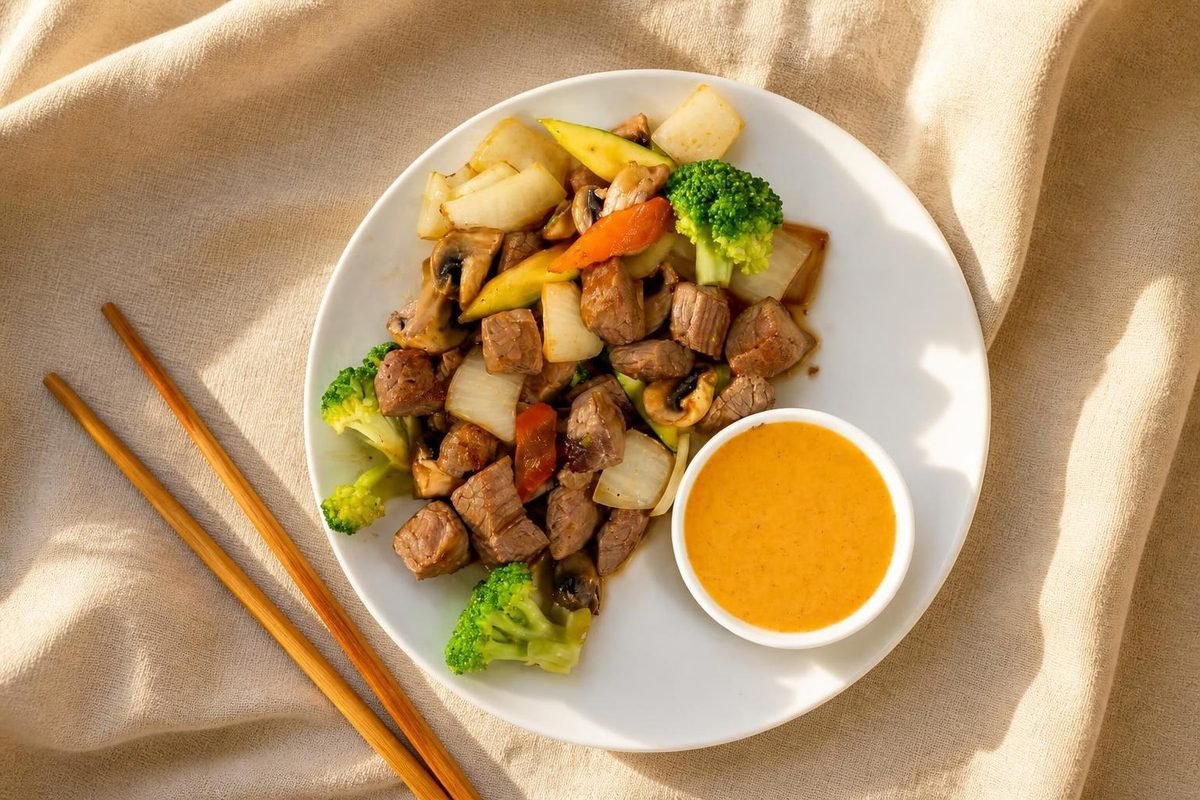 Hibachi steak with vegetables and dipping sauce