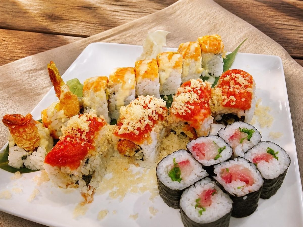 A tray of maki, tempura shrimp rolls and spicy rolls