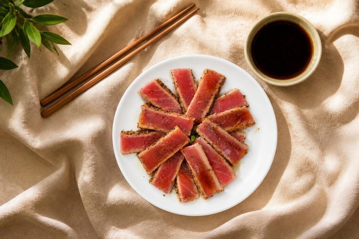 Seared black pepper tuna slices