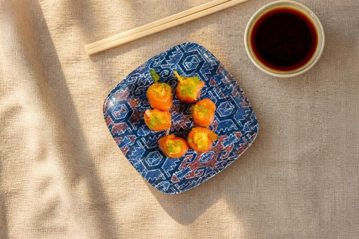 Small sushi bites on a blue plate with soy sauce